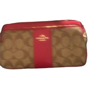 Coach red monogram large zip accordion style wallet with wrist strap